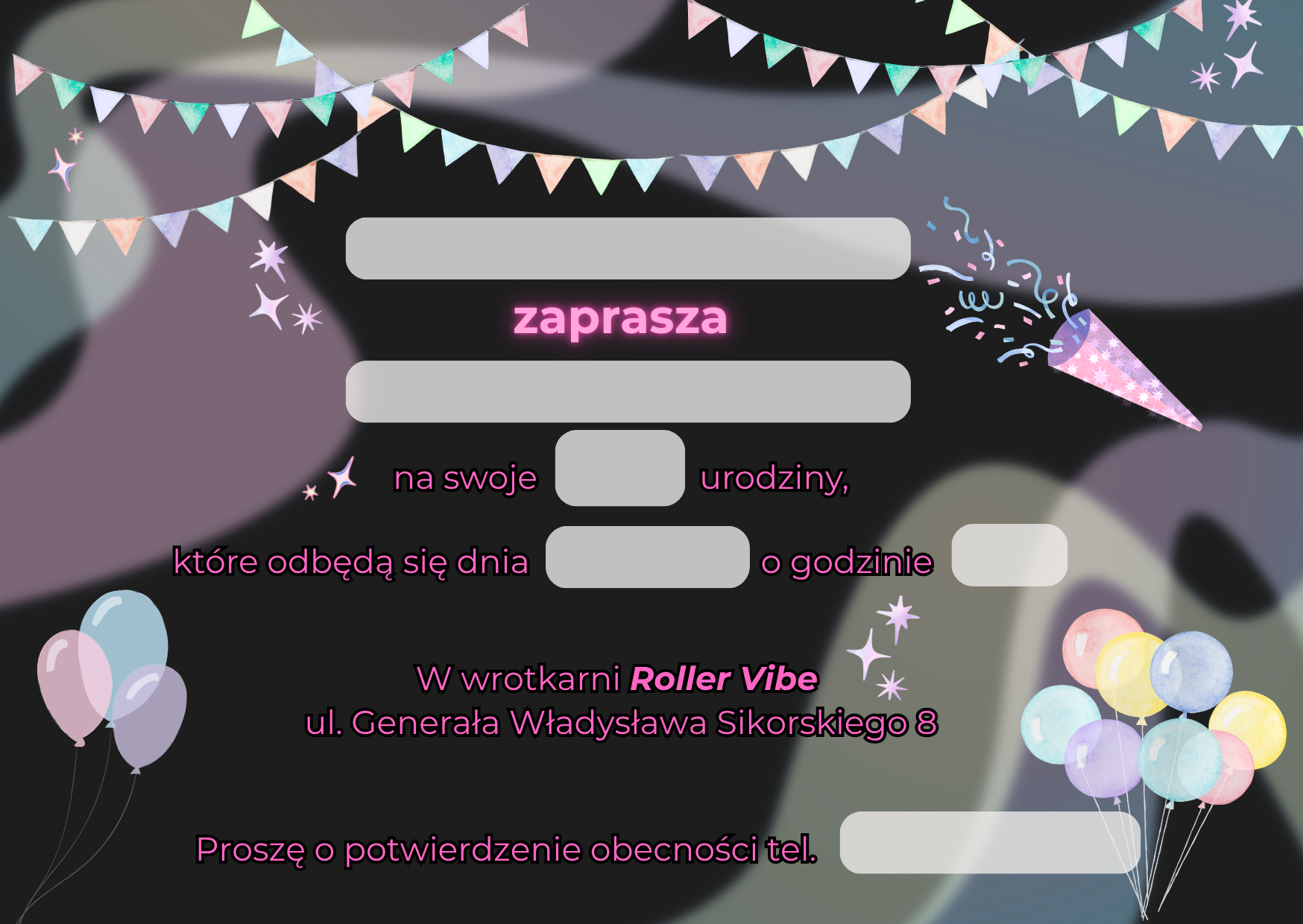 Wnętrze zaproszenia urodzinowego Roller Vibe